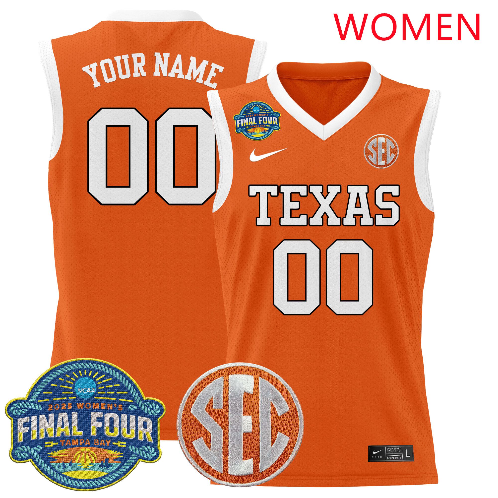Women Texas Longhorns Orange 2025 Nike Final Four Patch Lightweight Basketball Custom NCAA Jersey->customized ncaa jersey->Custom Jersey